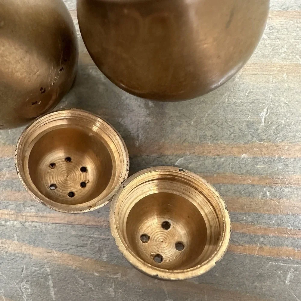 Vintage MCM Solid Brass Salt And Pepper Shakers Lined Screw on Lid Patina Clean